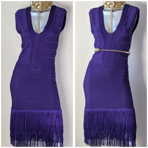 VENUS Bandage Layered Fringe Plunging Neck Sleeveless Cocktail Purple Dress - Picture 7 of 15